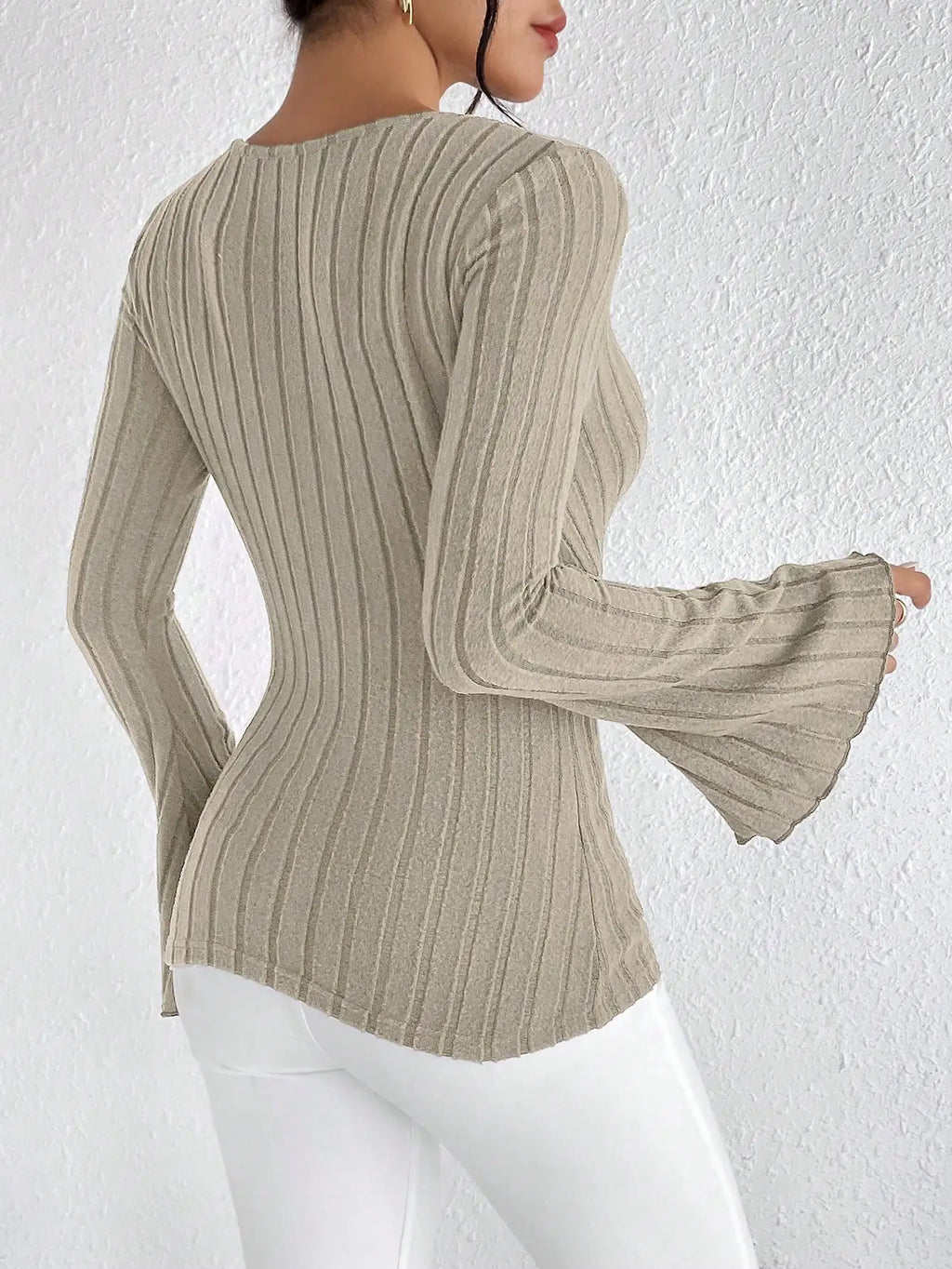Uranus Long Sleeved V Neck Slim Striped Long Sleeved Knitted Tops