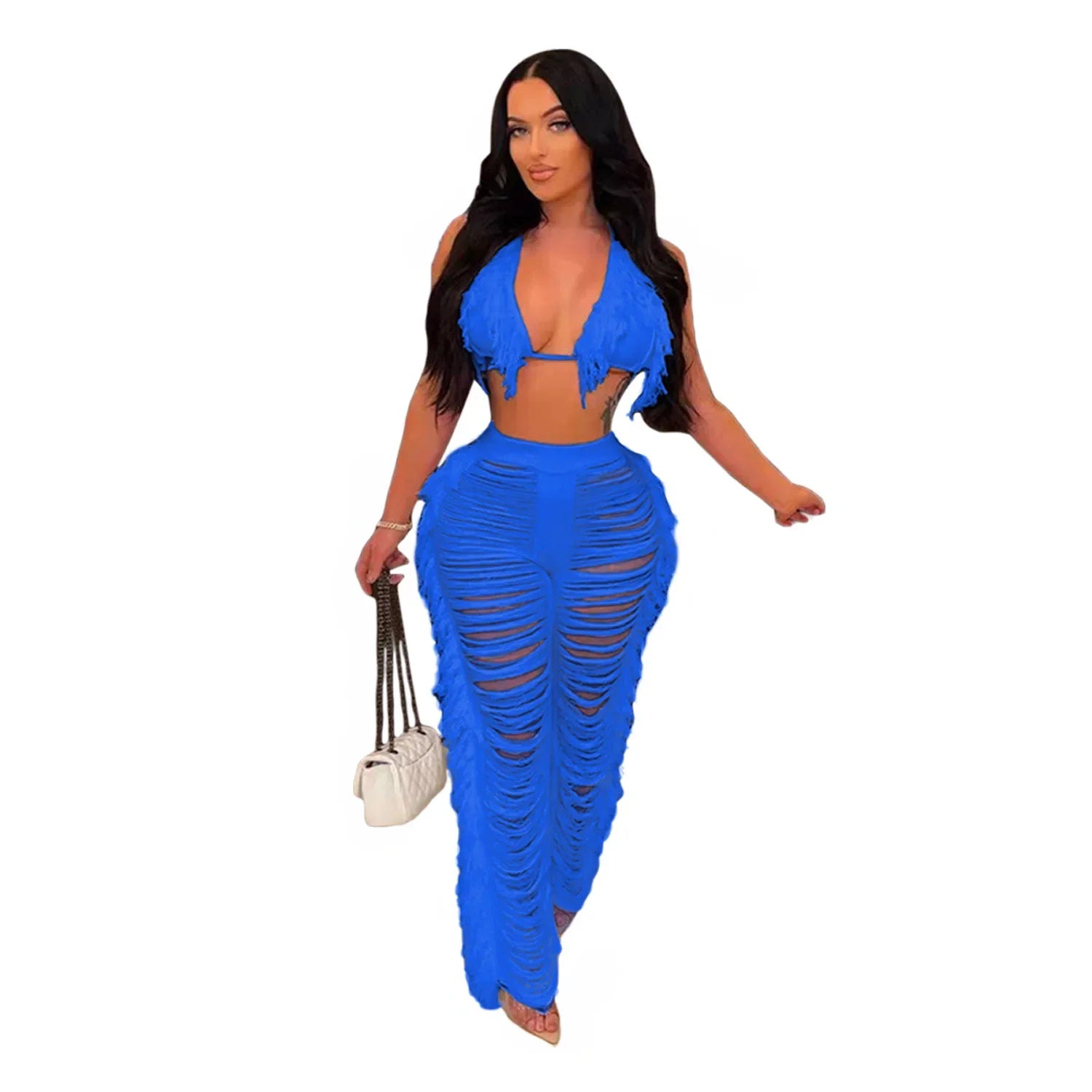Maya Sexy Beach Tassel Crop Hole Wide Leg Two Piece Sets