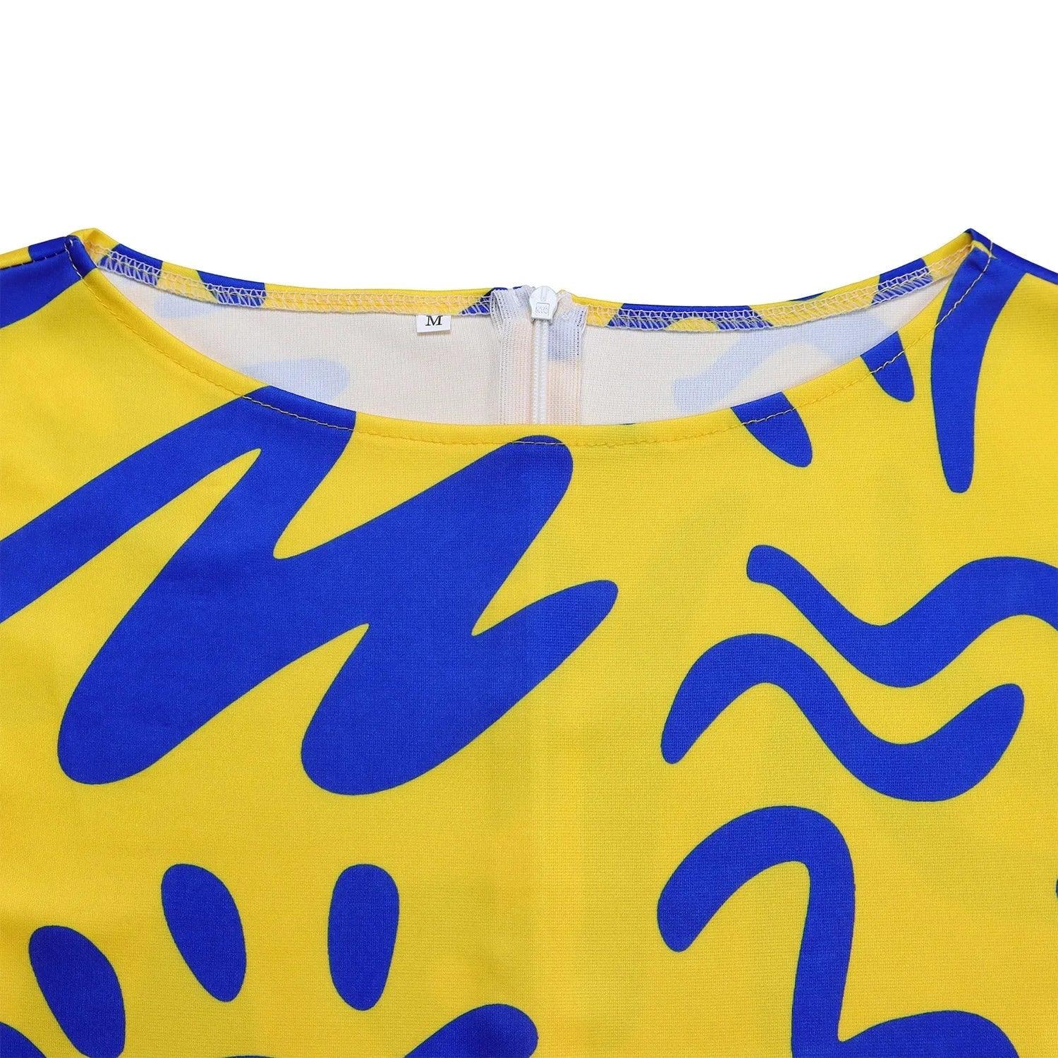 Printed Belted Dress Elegant  Knee-Length Round Neck Short Sleeve Dress