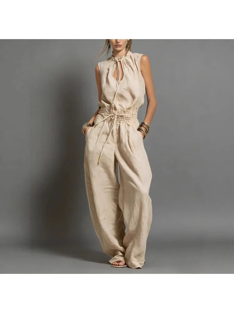 Summer Jumpsuits for Woman Wide Leg Sleeveless Lace Up Jumpsuit High