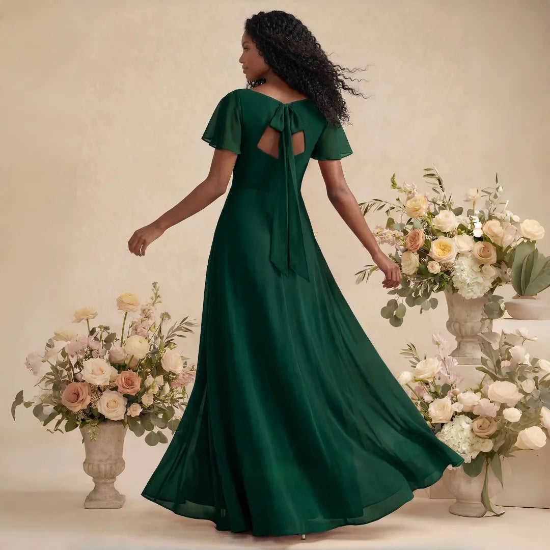 Irvington Green Plus Size Chiffon Bridesmaid Deep V Neck Flutter Sleeves Hidden Pockets Dress