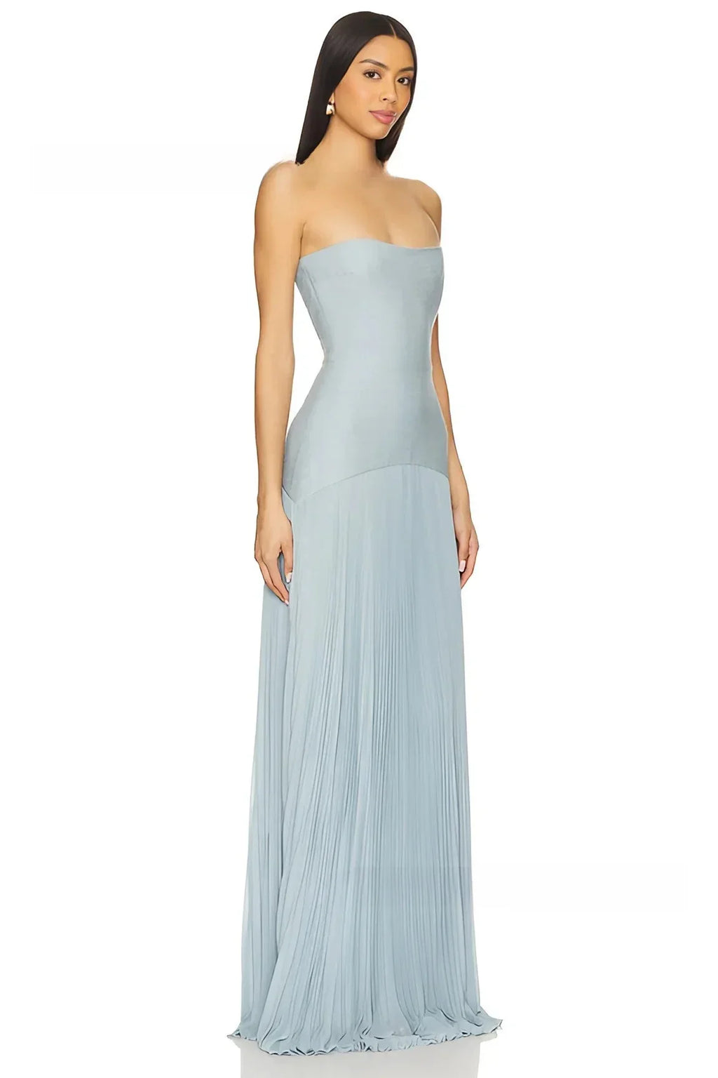 Bolair Strapl Pleated Dr Ribbed Fabric Long Elastic Waist Gored Dress