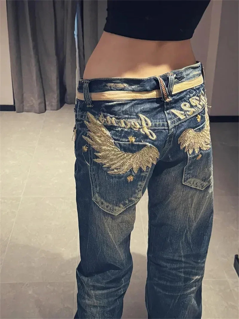 Marmora Gold Wing Embroidered Design Sense Low Waist Micro Flared Jeans
