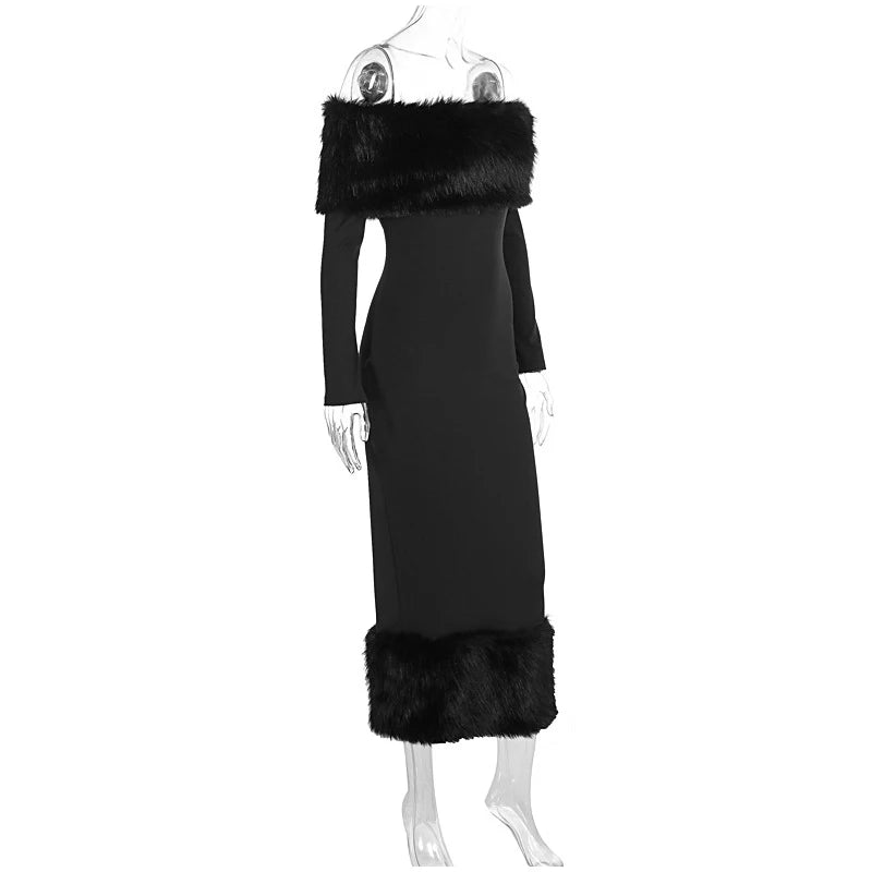 La Zurza Strapless Faux Fur Patchwork Sexy Off Shoulder Full Sleeve Cinched-waist Bodycon Dress