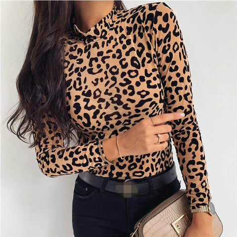 Hudson Yards Leopard Print Turtle Neck Blouse Autumn Long Sleeve Tops
