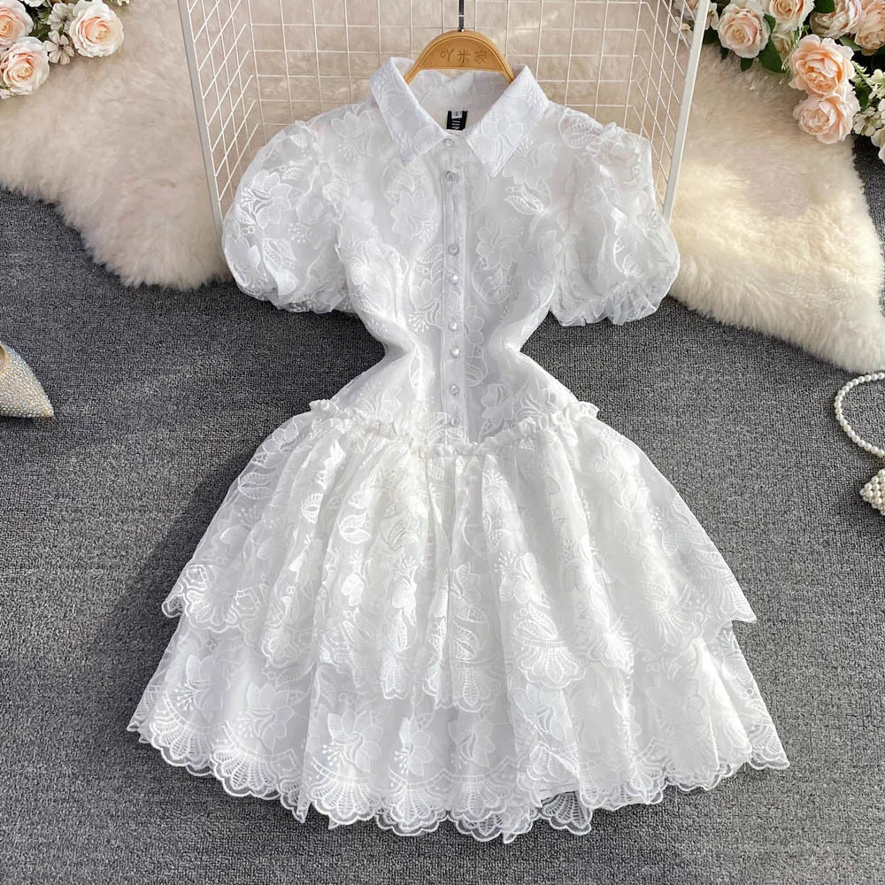Lyndhurst Vintage Lace Gown Turn Down Collar Puff Sleeve Mini Dress