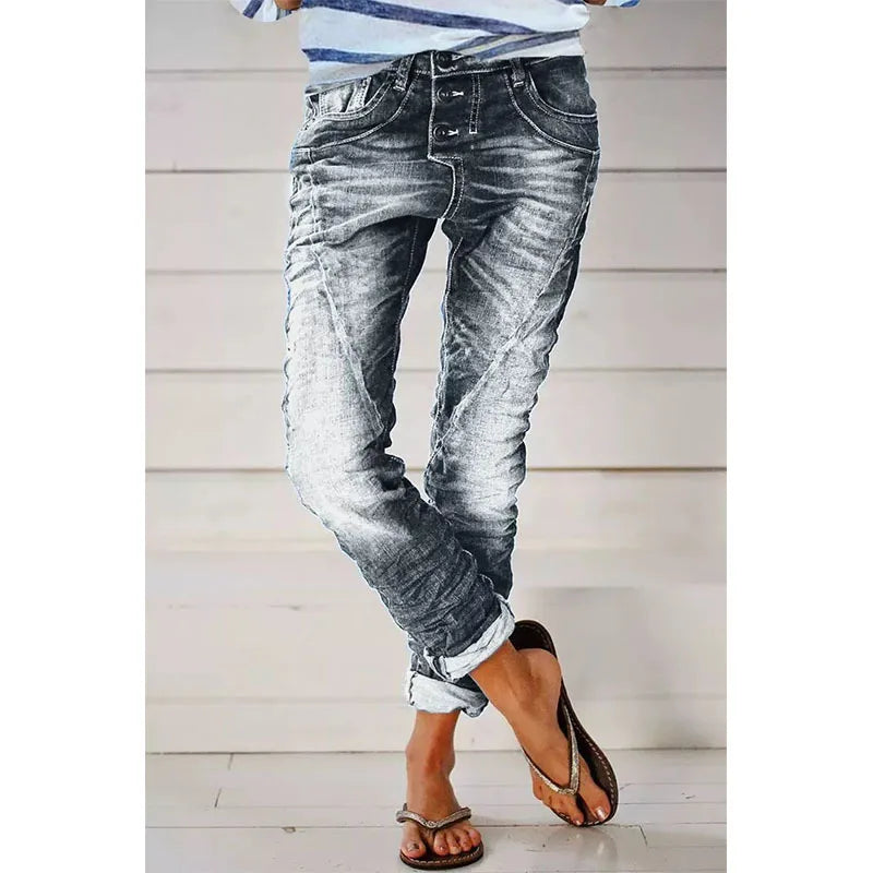 Jeans for Women Drawstring Elastic-waisted Jeans Casual Button Baggy Jeans