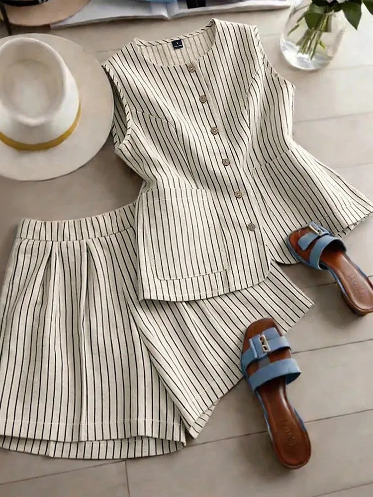 Yudy Summer New Striped Sleeveless Two Piece Sets