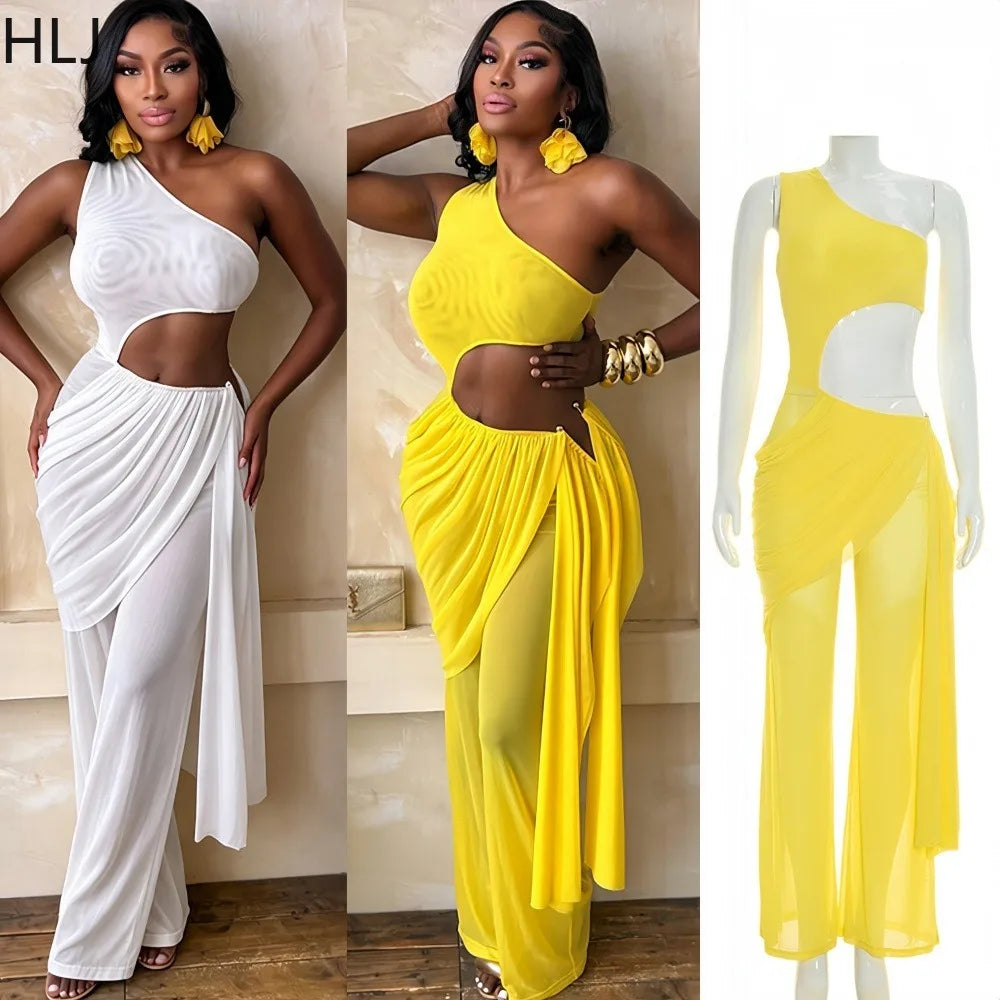 Alabama Mesh See Through One Shoulder Cutout Waist Jumpsuit Draped Overlay
