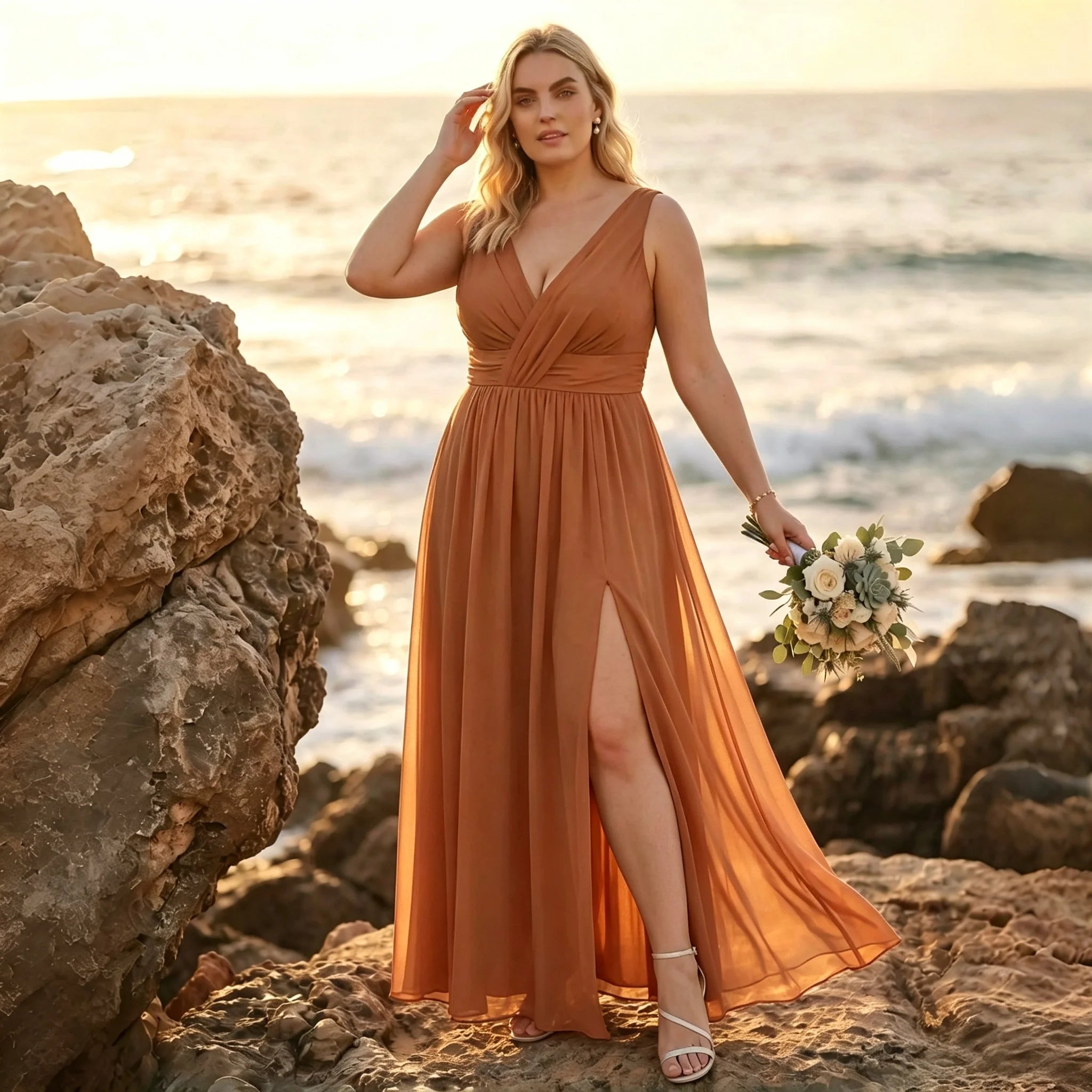 Newark Navy Blue Plus Size Chiffon Bridesmaid Sleeveless Deep V Neck Cross Ruched Dress