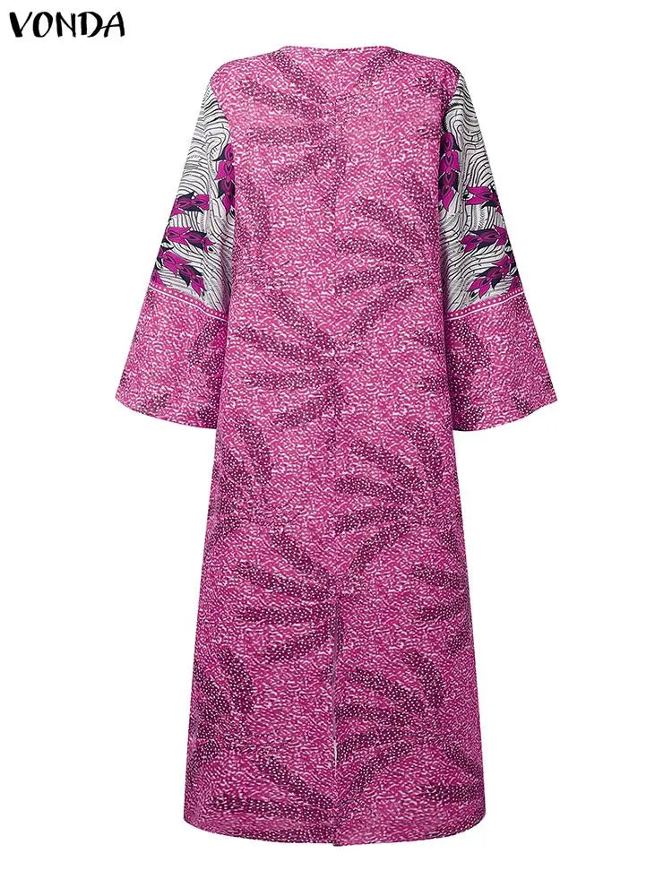 Samba Plus Size Bohemian Long V Neck Sleeve Printed Maxi Dress