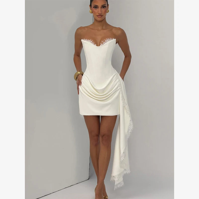 Telaby Lace Trim Patchwork Strapless Ribbon Bodycon Dress