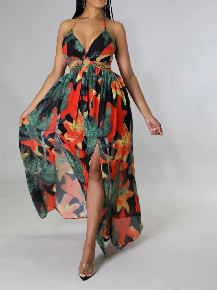 Soho Plus Size Casual Fashion V Neck Printed Pattern Suspenders Sexy Dress
