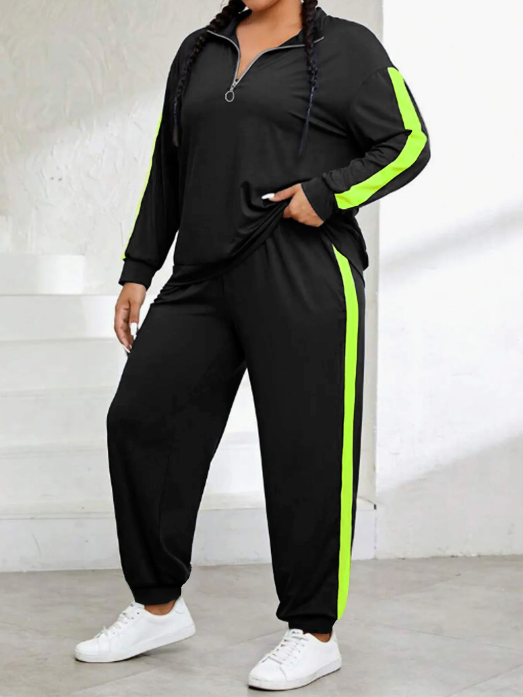 Jackie Plus Size Color Block Zip Front Two Piece Sets