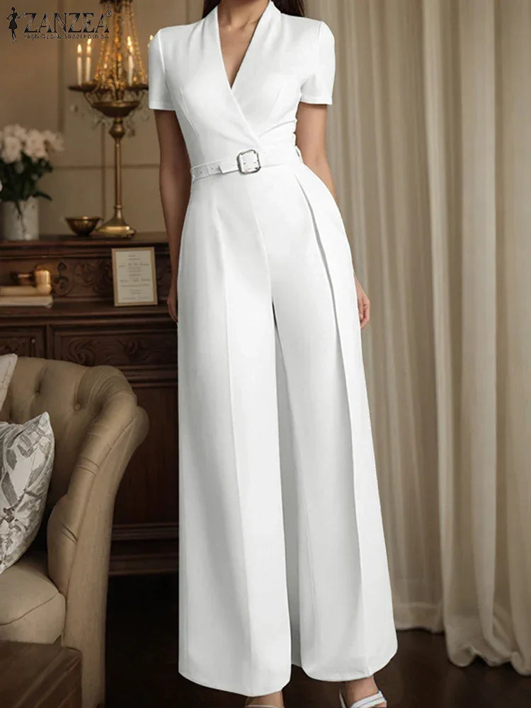 Weirton High Waist Jumpsuits Workwear Belt Rompers Solid Deep V Neck Elegant Overalls