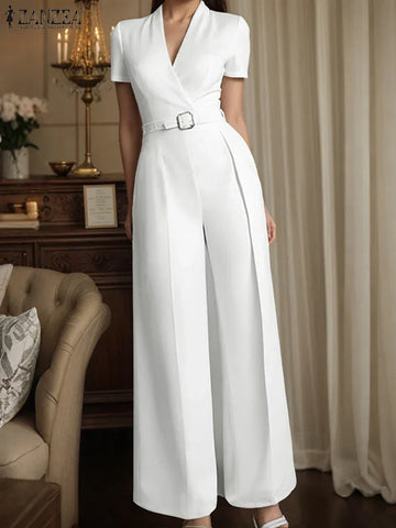 Weirton High Waist Jumpsuits Workwear Belt Rompers Solid Deep V Neck Elegant Overalls