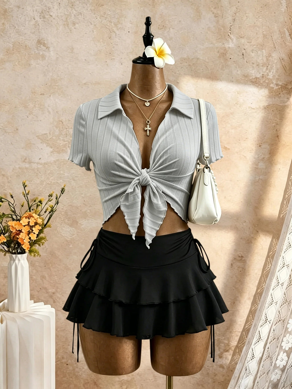 Adriana Ribbed Polo Collar Front Tie Two Piece Sets