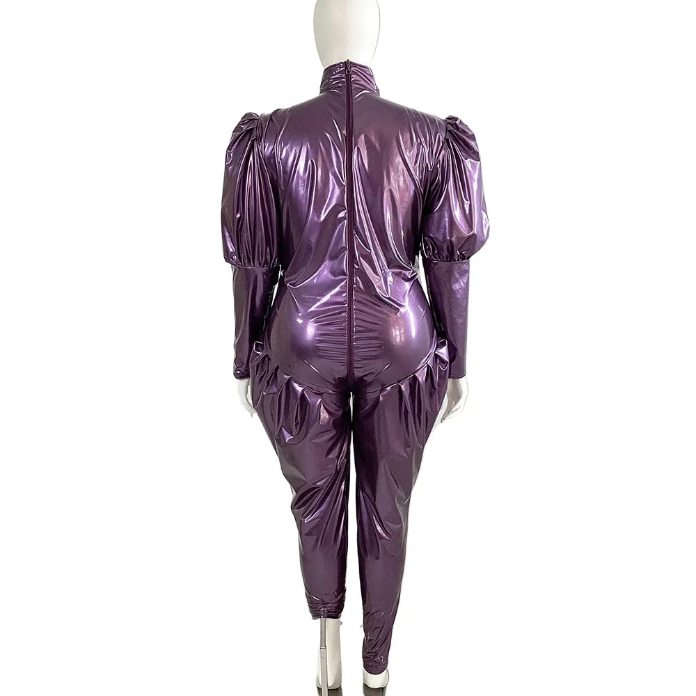 Sleeves Jumpsuit Sexy Zipper Open Crotch Catsuit Party High Neck Wetlook Rompers Female