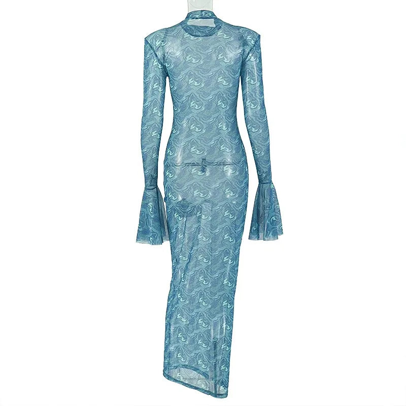 Retro Print O-Neck Long Flare Sleeve Shoulder Pad Waistband Hips Wrapped Long Dress