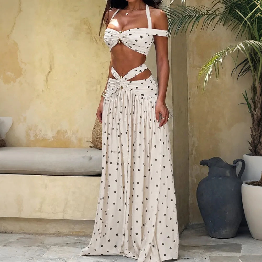 Katia Halter Bandage Hollow Out Ruched Two Piece Sets