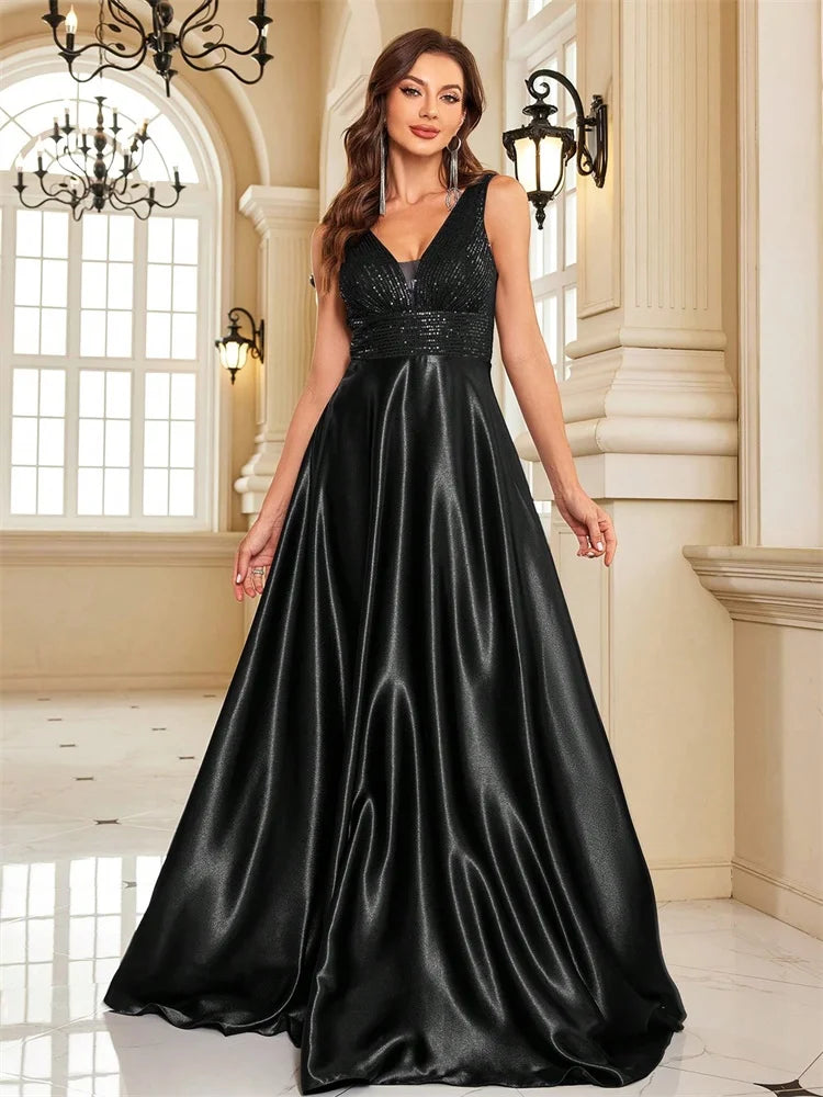 Oklahoma Elegant Sequins Evening Deep V-neck Satin Prom Party Dress