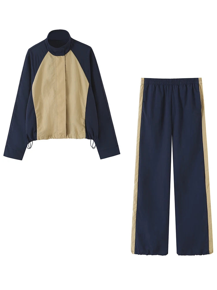 Gabriela Patchwork Nylon Tracksuit High Neck Two Piece Sets