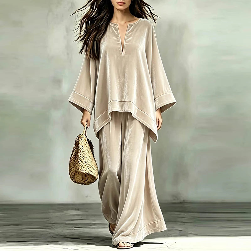 Flor Velvet V-neck Long Sleeved Two Piece Sets