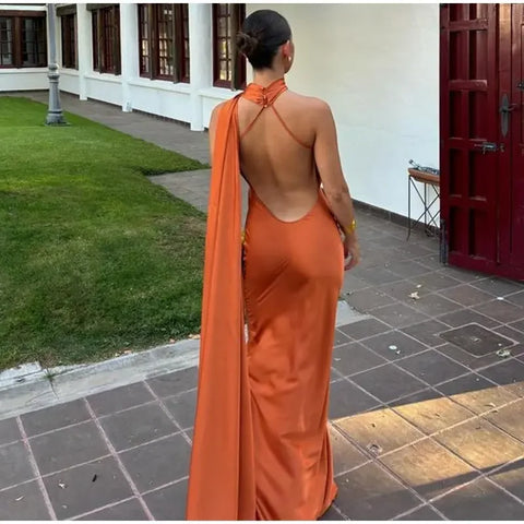 Meadville Elegant Ribbon Halter Solid Off Shoulder Sleeveless Backless Slim Maxi Dress