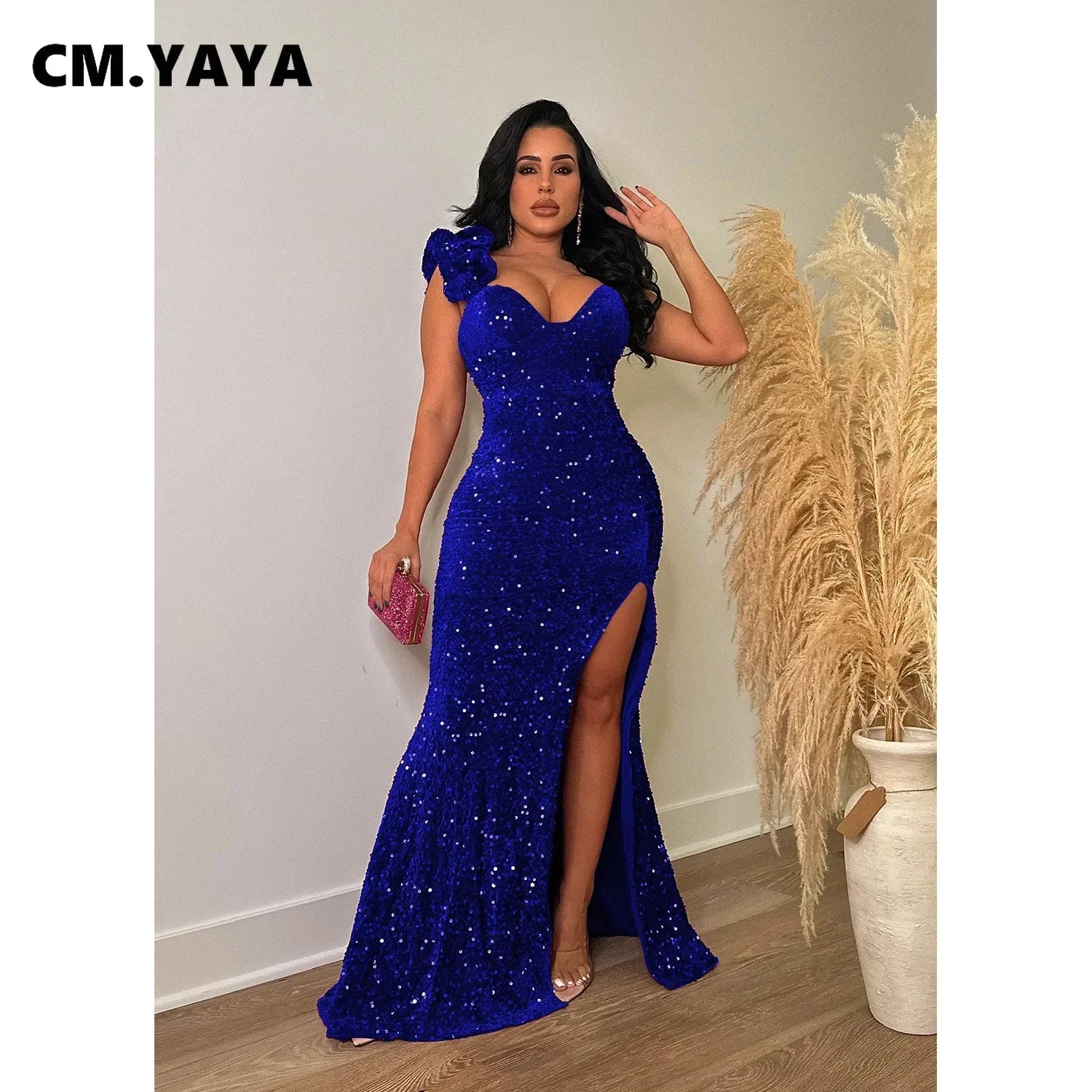 Trenton One Shoulder Open Back Sequined High Side Split Mermaid Maxi Dress