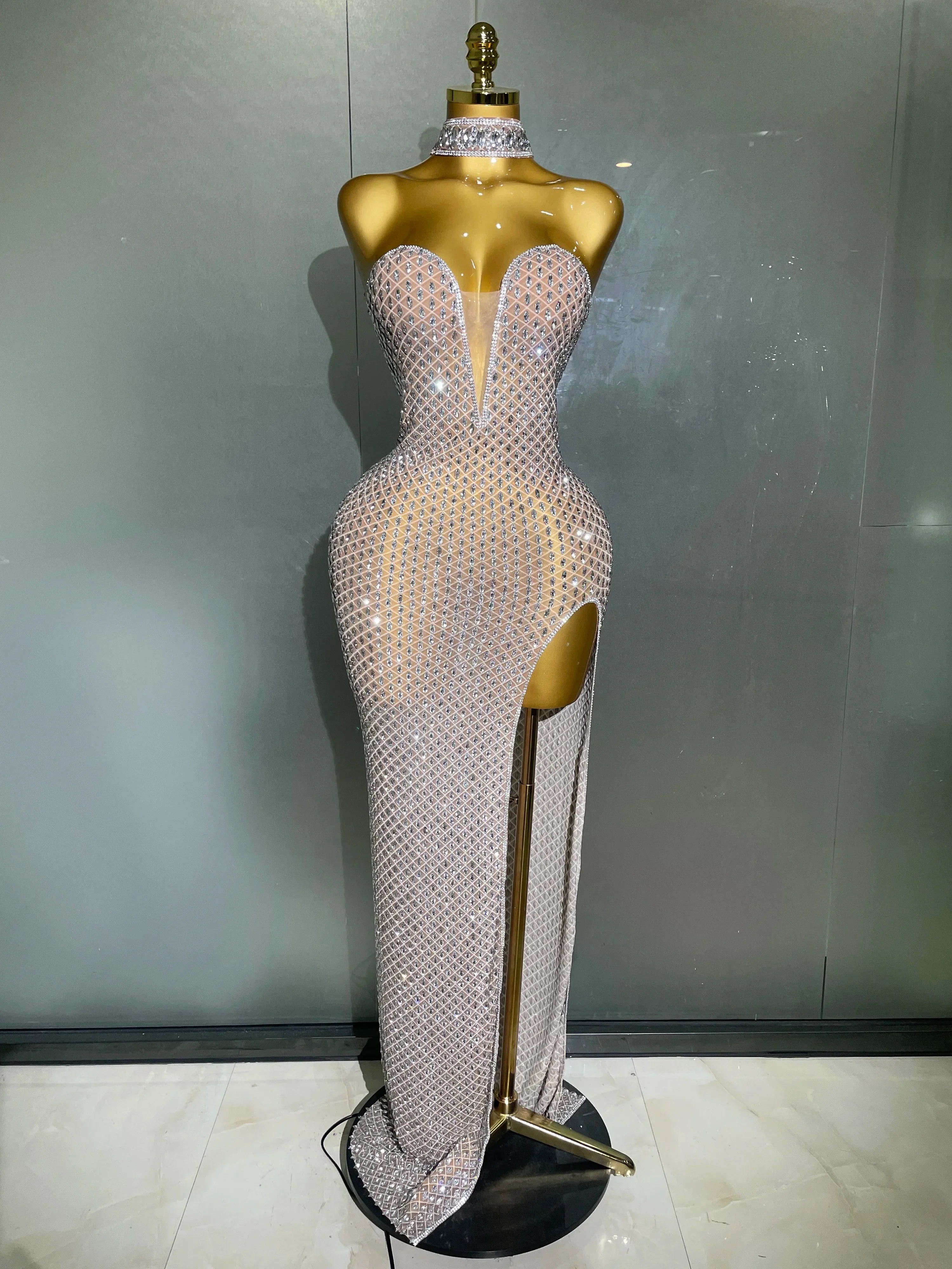 Frederick Full Rhinestones Mesh Transparent Long Elegant Dress