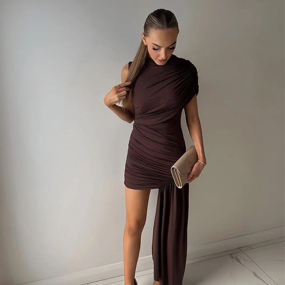 Aspen Knolls Ruched Sexy Solid Color Elegant Turtleneck Sleeveless Asymmetric Dress