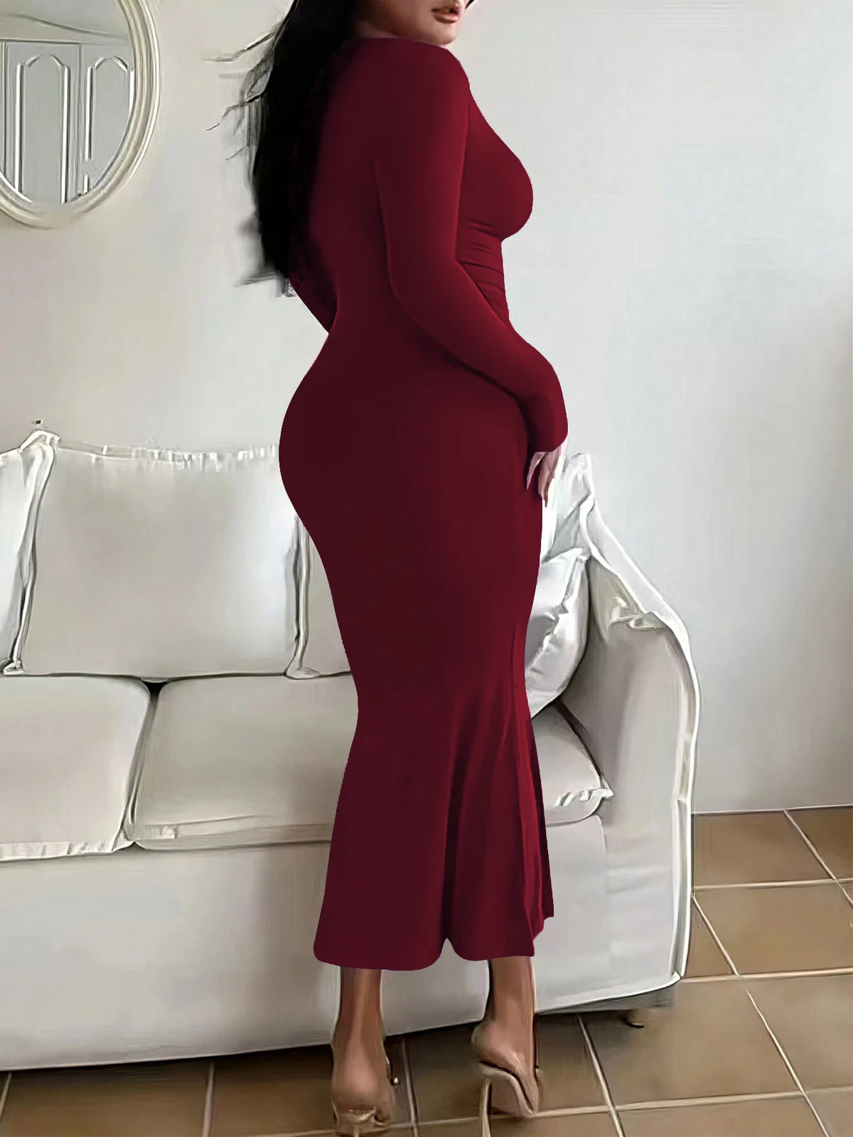 Indianna Plus Size Long Slim Fit with Square Neck Long Sleeves Extra Lengthy Dress