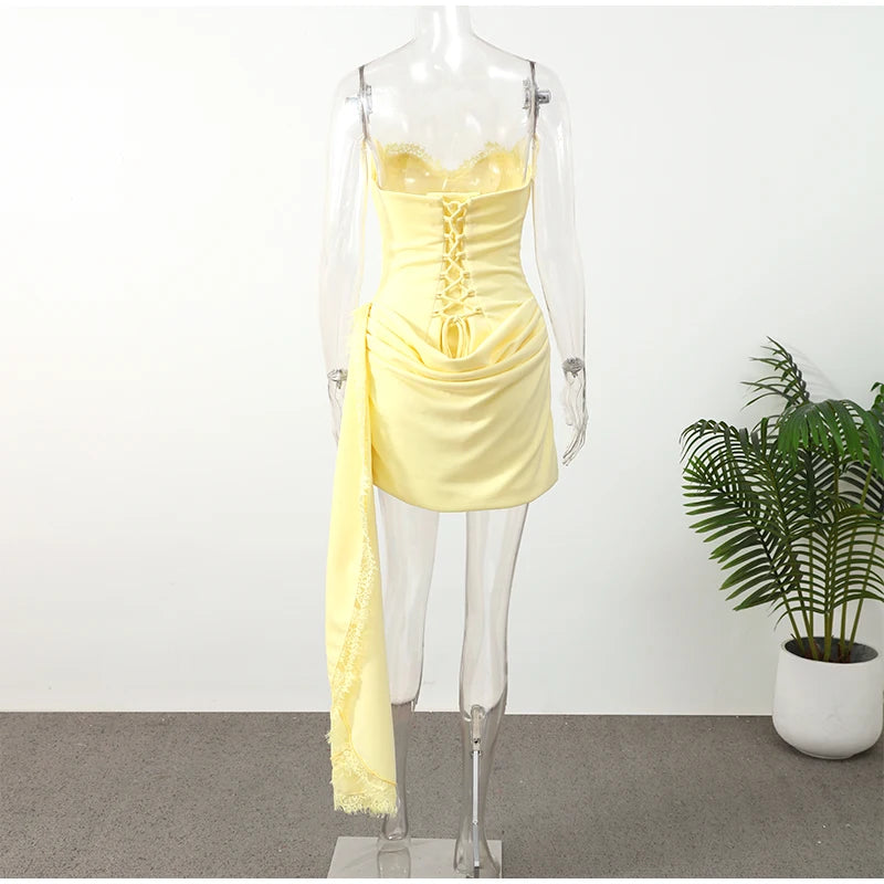 Telaby Lace Trim Patchwork Strapless Ribbon Bodycon Dress