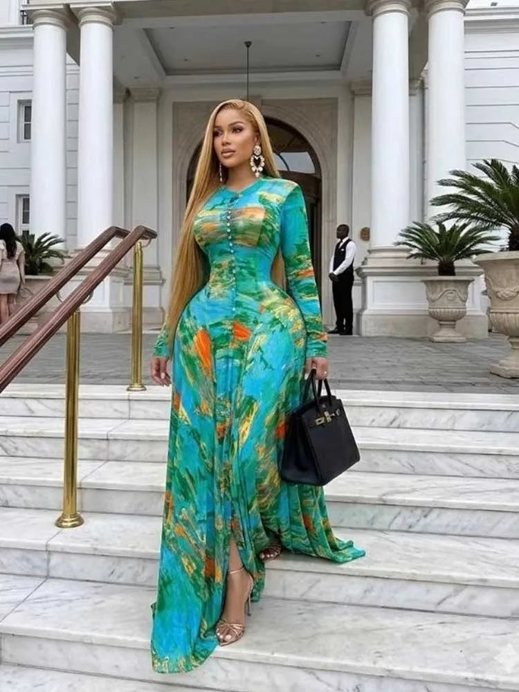 Curvy Women Round Neck Waist Slimming Floral Print Elegant Green Party Dress