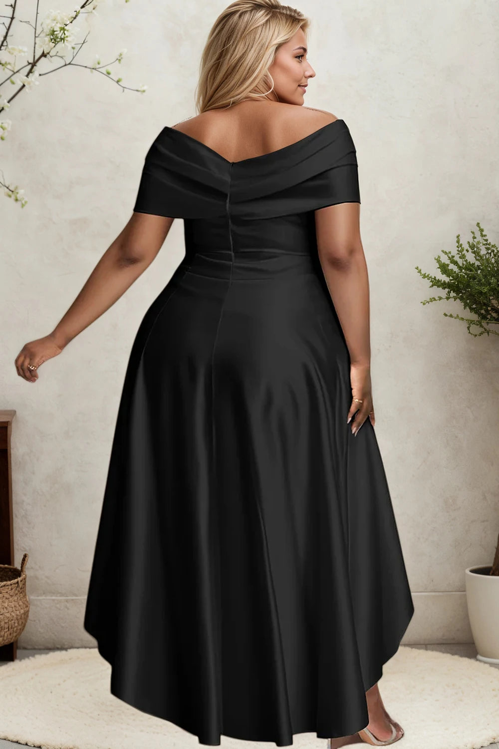 Noho Satin Off Shoulder Aysmmetry Hem Elegant Casual Short Sleeve Cocktail Maxi Dress