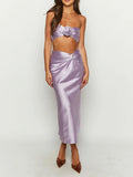 Jamesport Outfits 3D Flowers Ruched Satin Bandeau Partywear Set