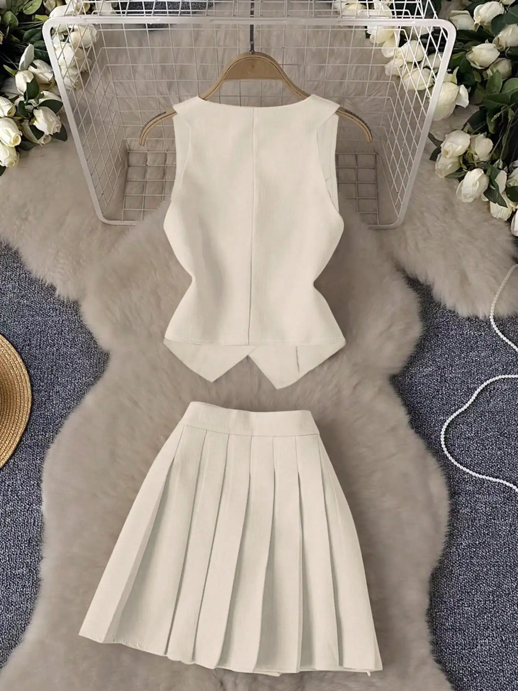 Lisbeth V-Neck Waist-Cinching Vest & Pleated Two Piece Sets