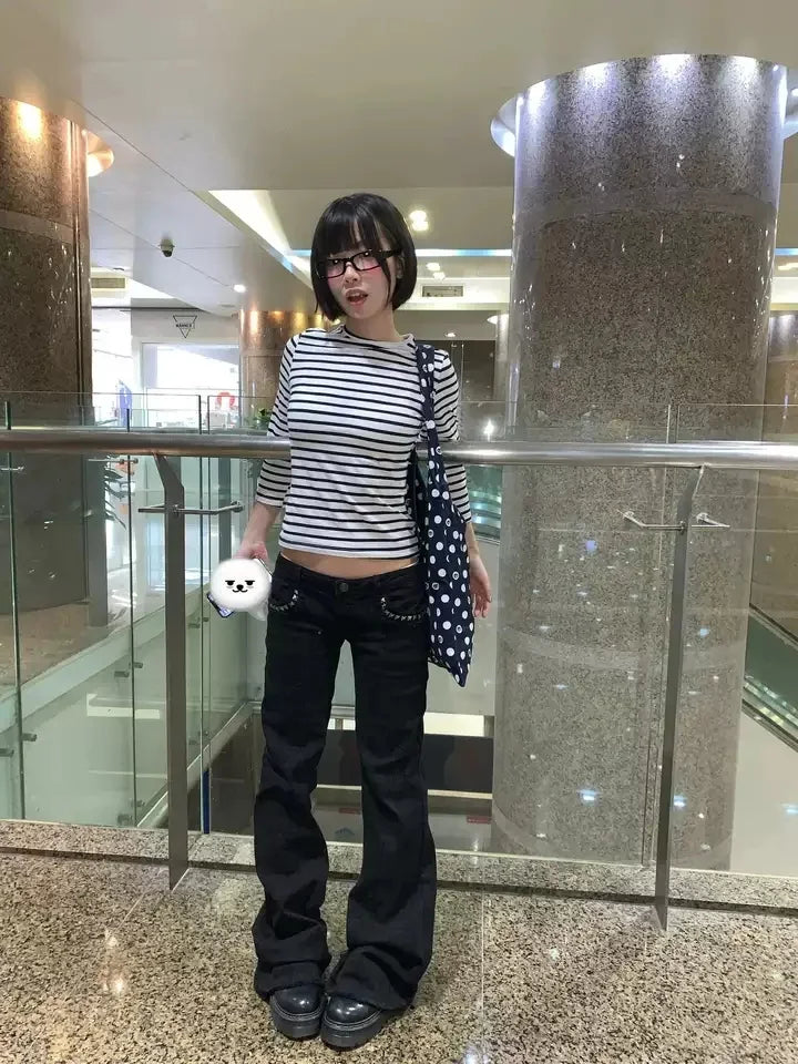 Lakewood Black Low Rise Flared Retro Rivet Slim Kpop Trousers