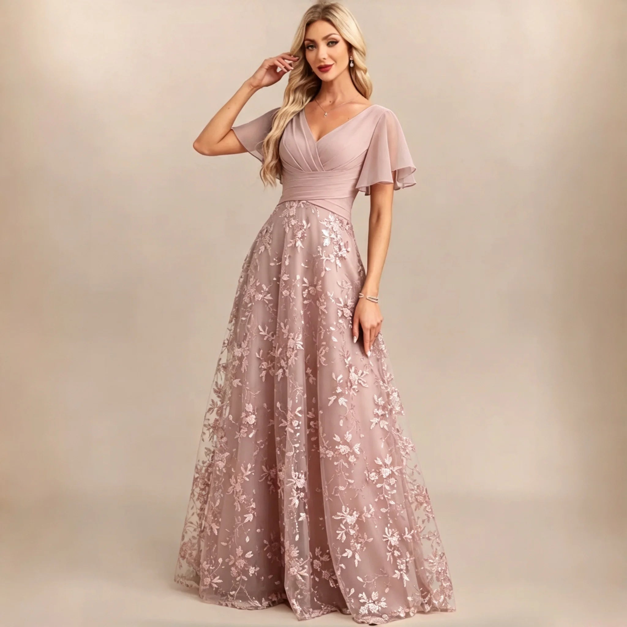 Neiba Dark Green V Neck Chiffon Flutter Sleeve Bridesmaid Ruched Waist Floral Sequin Dress
