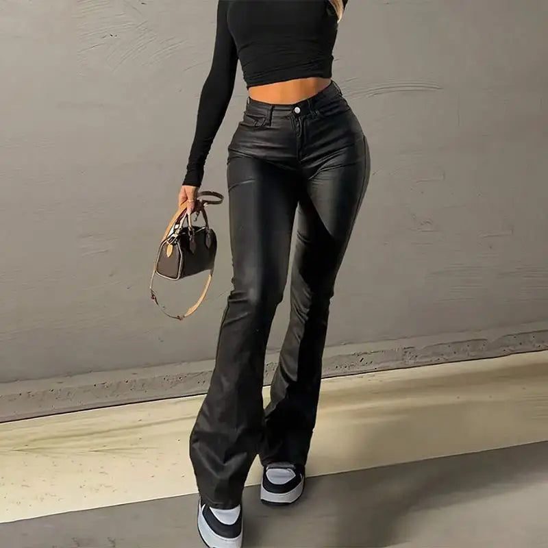 Liboa High Waist Slimming PU Leather Micro Flared Dragging Ground Casual Pants