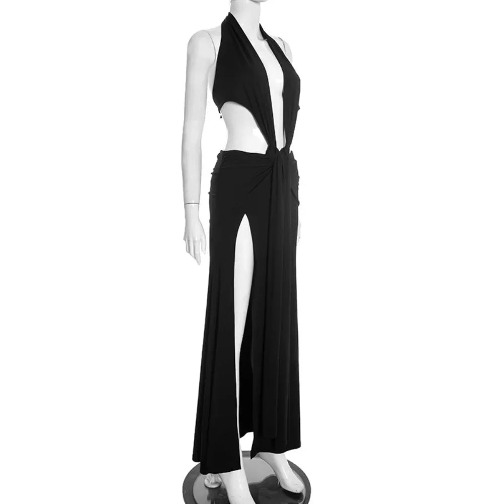 Ancram Hollow Backless Sexy Halter Deep V Neck Sleeveless Ruched Patchwork Dresses