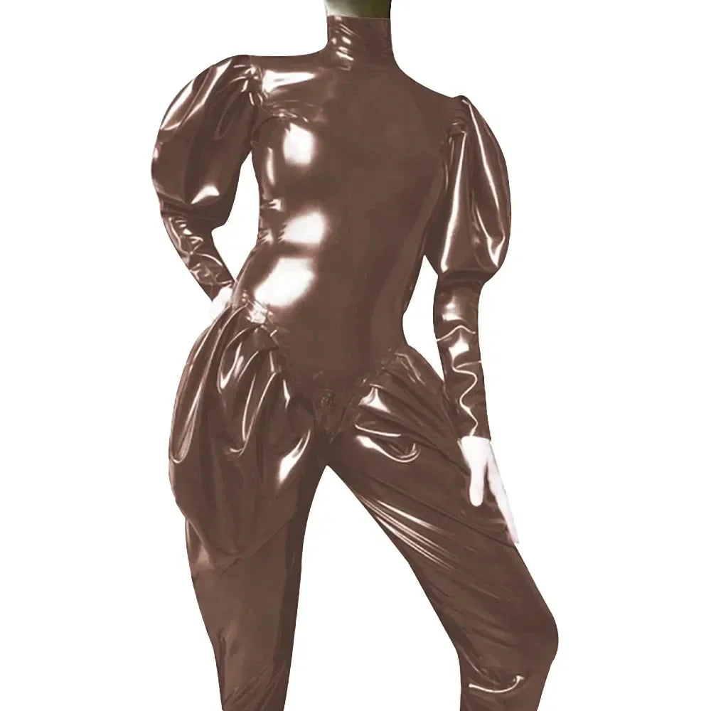 Sleeves Jumpsuit Sexy Zipper Open Crotch Catsuit Party High Neck Wetlook Rompers Female