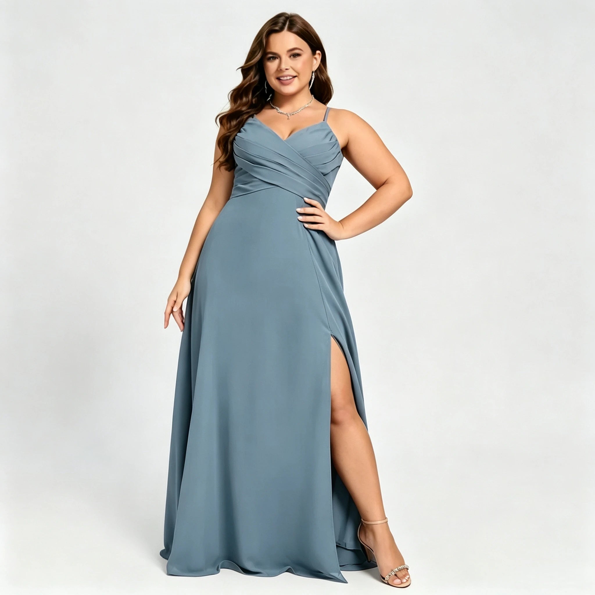 Lawrence Plus Size Chiffon Bridesmaid Dress Dusty Rose Crisscross Back Slit Formal Gown