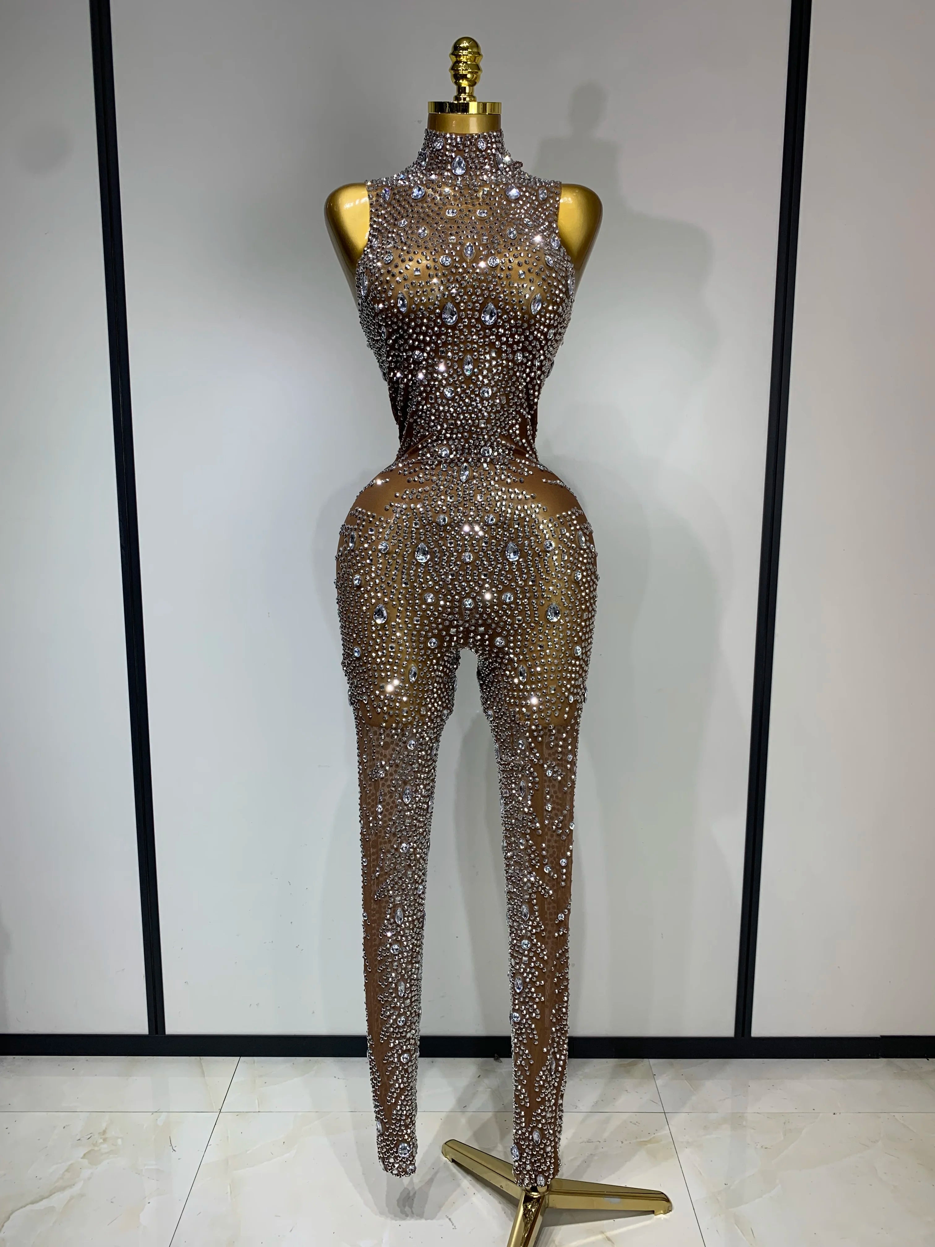 Rochester Hills Rhinestones Jumpsuit Mesh See Through Performance Dance Jumpsuit