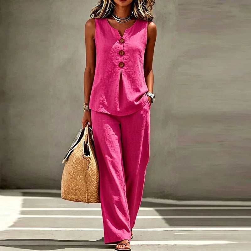 Merida Summer Sleeveless V Neck Button Two Piece Sets