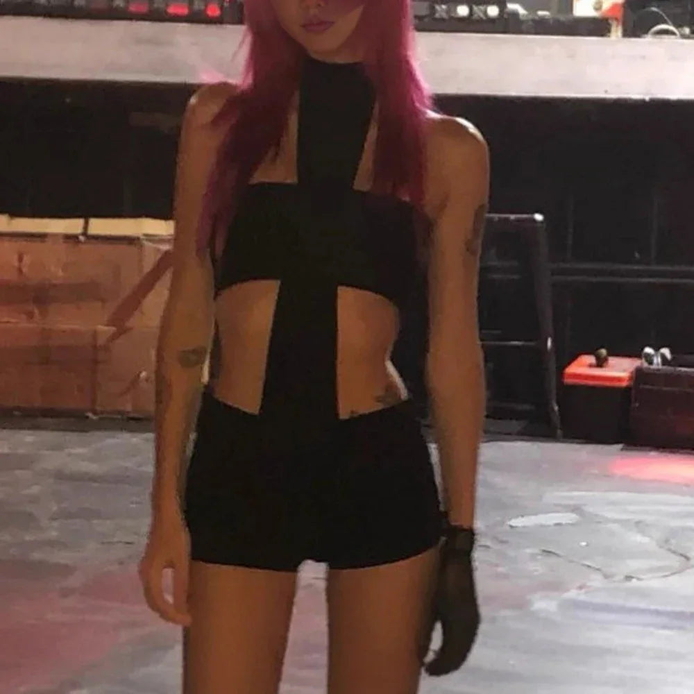 Hammonton Club Wear Halter Cross Crop Suits Baddie Outfits Two Piece Set
