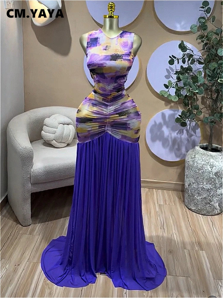 Printed Ruched Stacked Sleeveless Long Maxi Dress