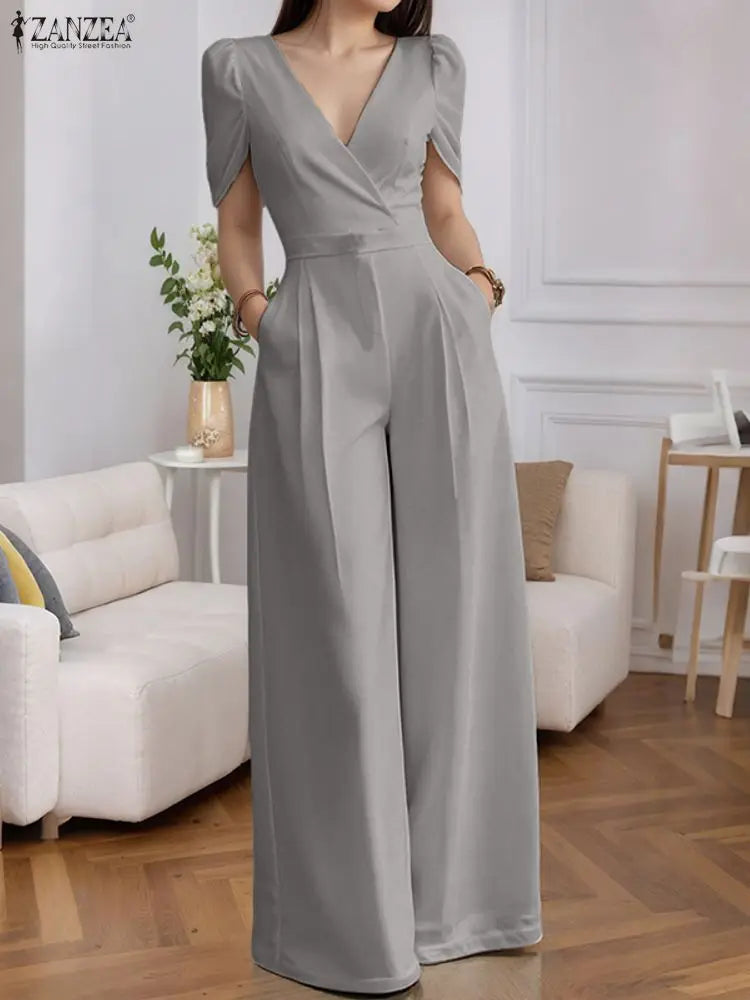 Weirton High Waist Jumpsuits Workwear Belt Rompers Solid Deep V Neck Elegant Overalls