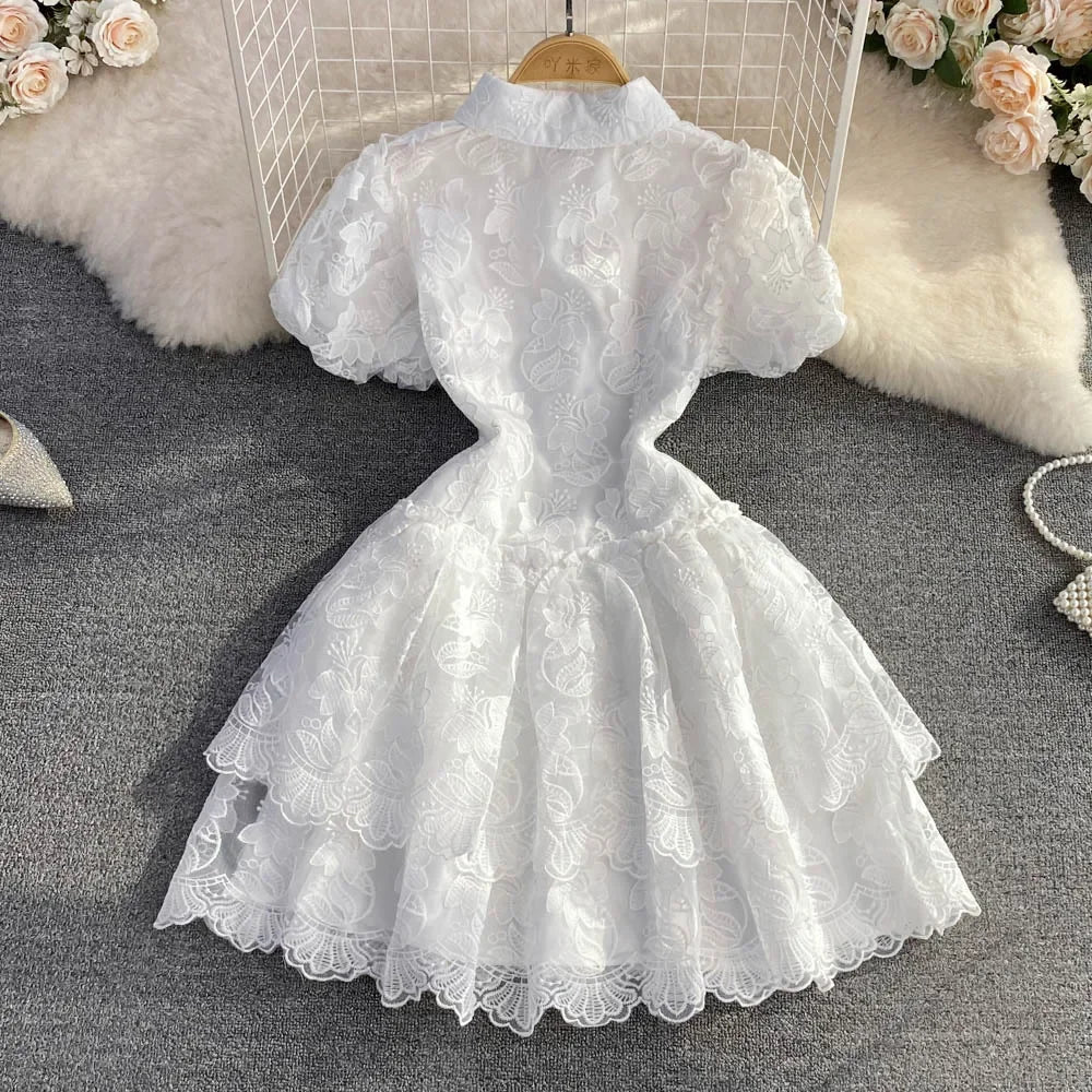 Lyndhurst Vintage Lace Gown Turn Down Collar Puff Sleeve Mini Dress