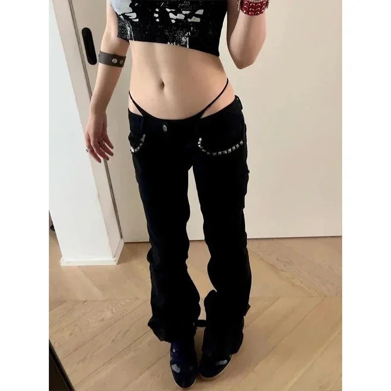 Lakewood Black Low Rise Flared Retro Rivet Slim Kpop Trousers